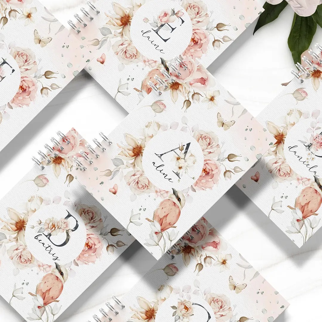 Caderno  Coleção Refúgio Floral Alfabeto Rosa Com Marcador