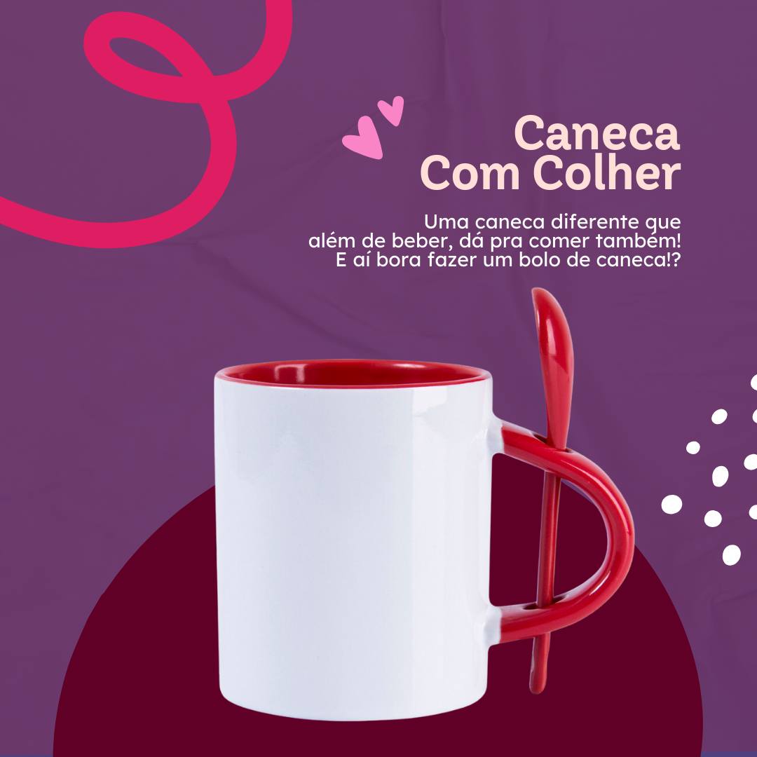 Caneca Cerâmica Alça Vermelha C/ Colher Personalizável
