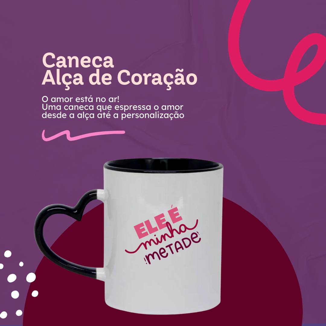 Caneca de Cerâmica com Alça Colorida em Formato de Coração (Personalizável)