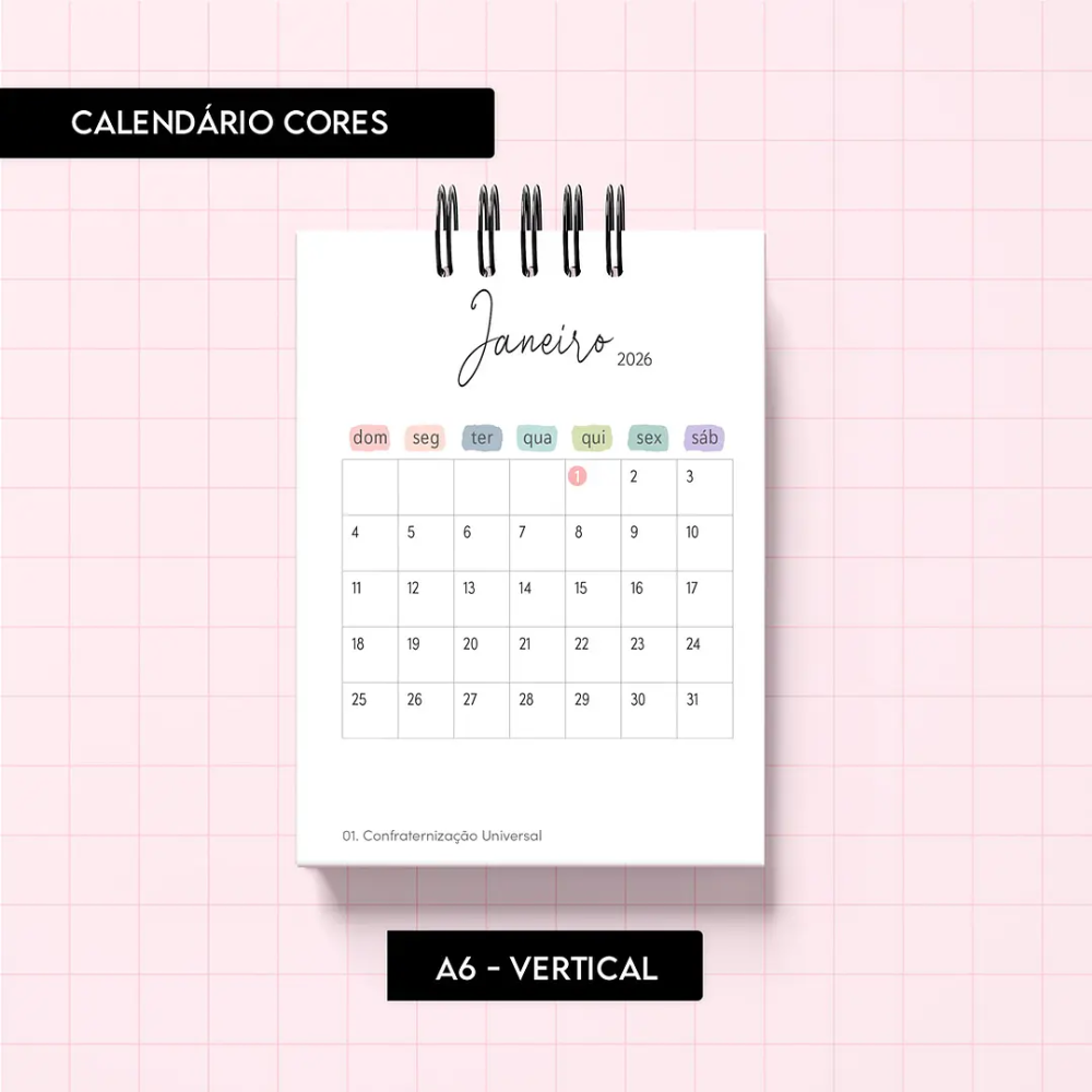 Calendário Cores 2026 A6 vertical - Somente Capa Personalizada