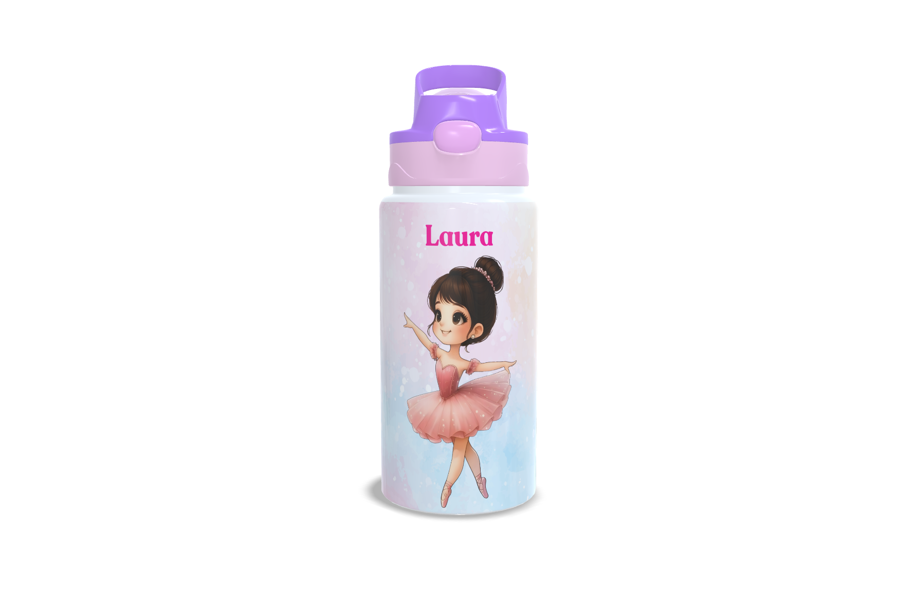 Garrafa de Alumínio - 500ml - Kids - Branca - Tampa Automática - Rosa e Lilás