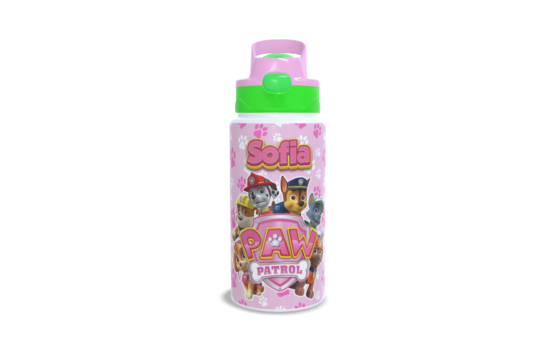 Garrafa de Alumínio - 500ml - Kids - Branca - Tampa Automática - Verde e Rosa