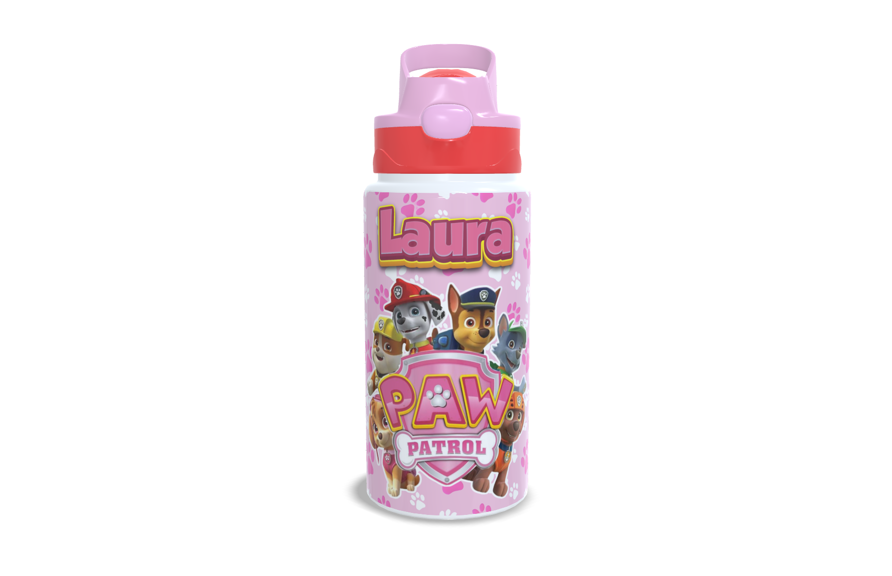 Garrafa de Alumínio - 500ml - Kids - Branca - Tampa Automática - Vermelho e Rosa