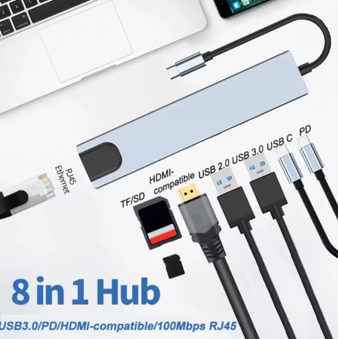 ADAPTADOR USB 8 EM 1 TIPO-C HDMI SD/TF RJ45 CARGA RÁPIDA - PEINING