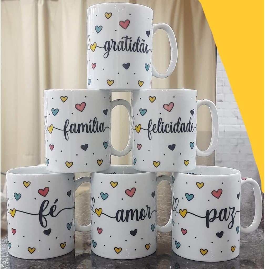 JOGO 6 CANECAS 300ML MOTIVACIONAL - KIT PORCELANA