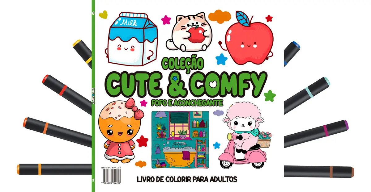 LIVRO DE COLORIR CUTE E COMFY + 12 CANETINHAS