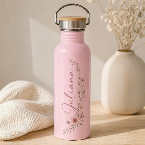 Garrafa de Inox Leiteira - 500ml - Parede Dupla - Térmica - Rosa Claro - Tampa Bambu