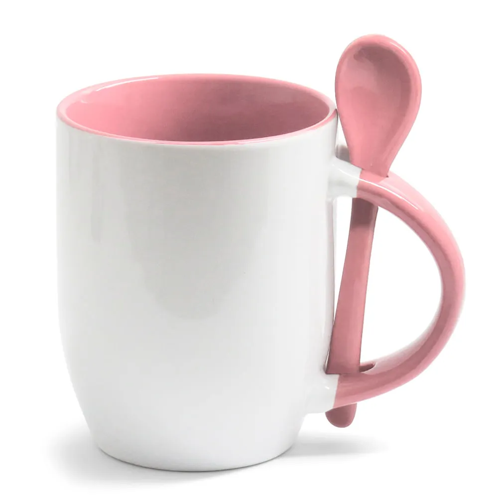 CANECA COM COLHER ALÇA E INTERIOR ROSA