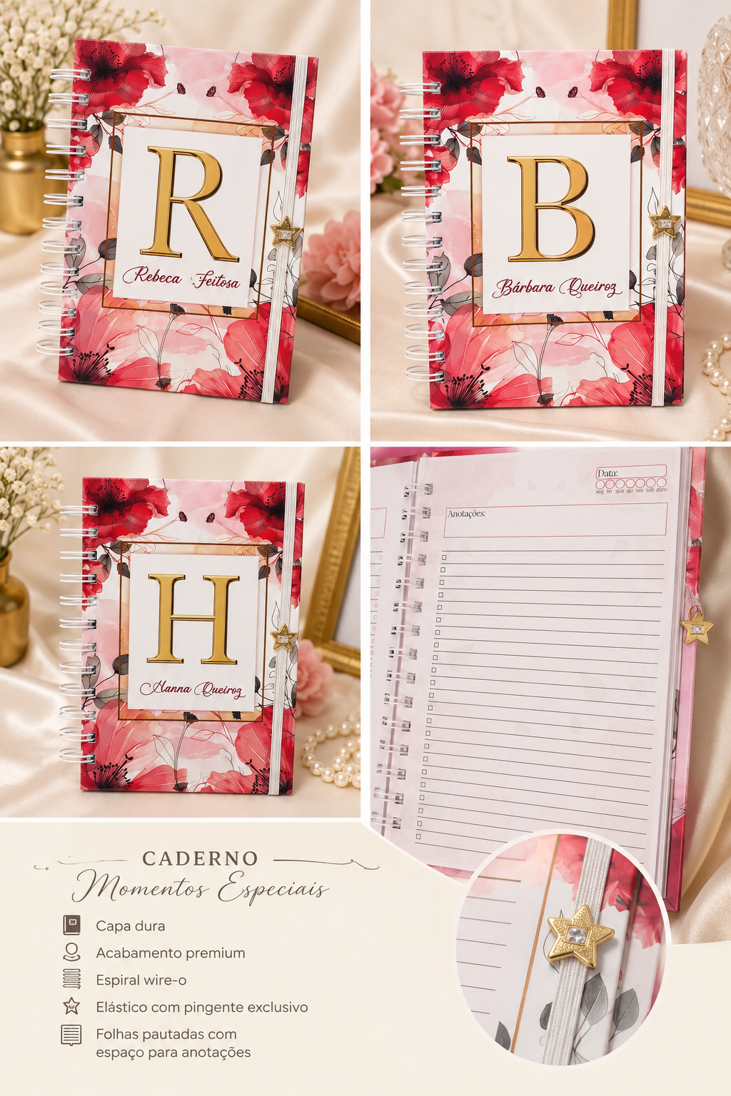 Caderno ALFABETO FLORAL VERMELHO com Marcador de Página