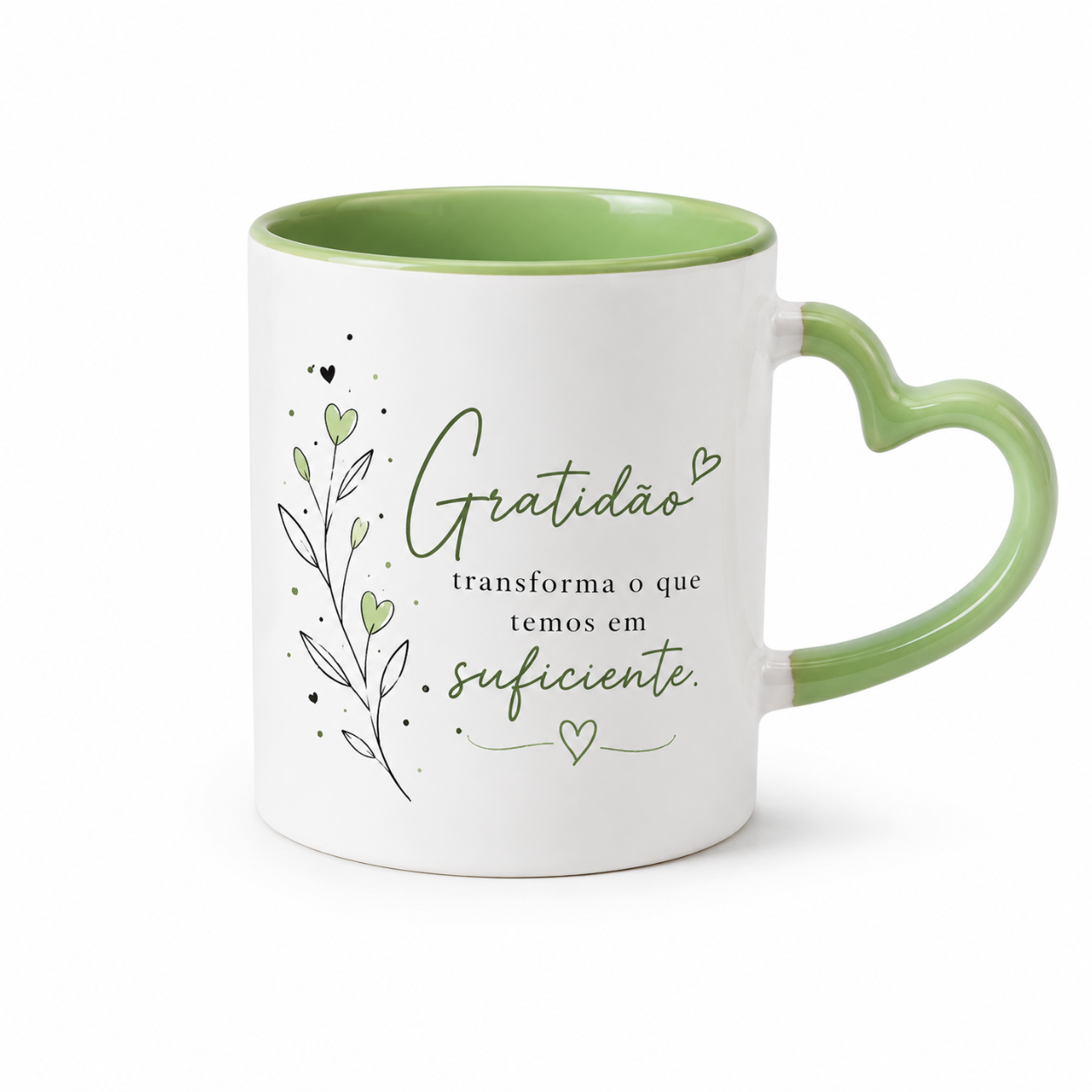 Caneca Alça Coração - Interior e Alça Verde Claro - 325ml