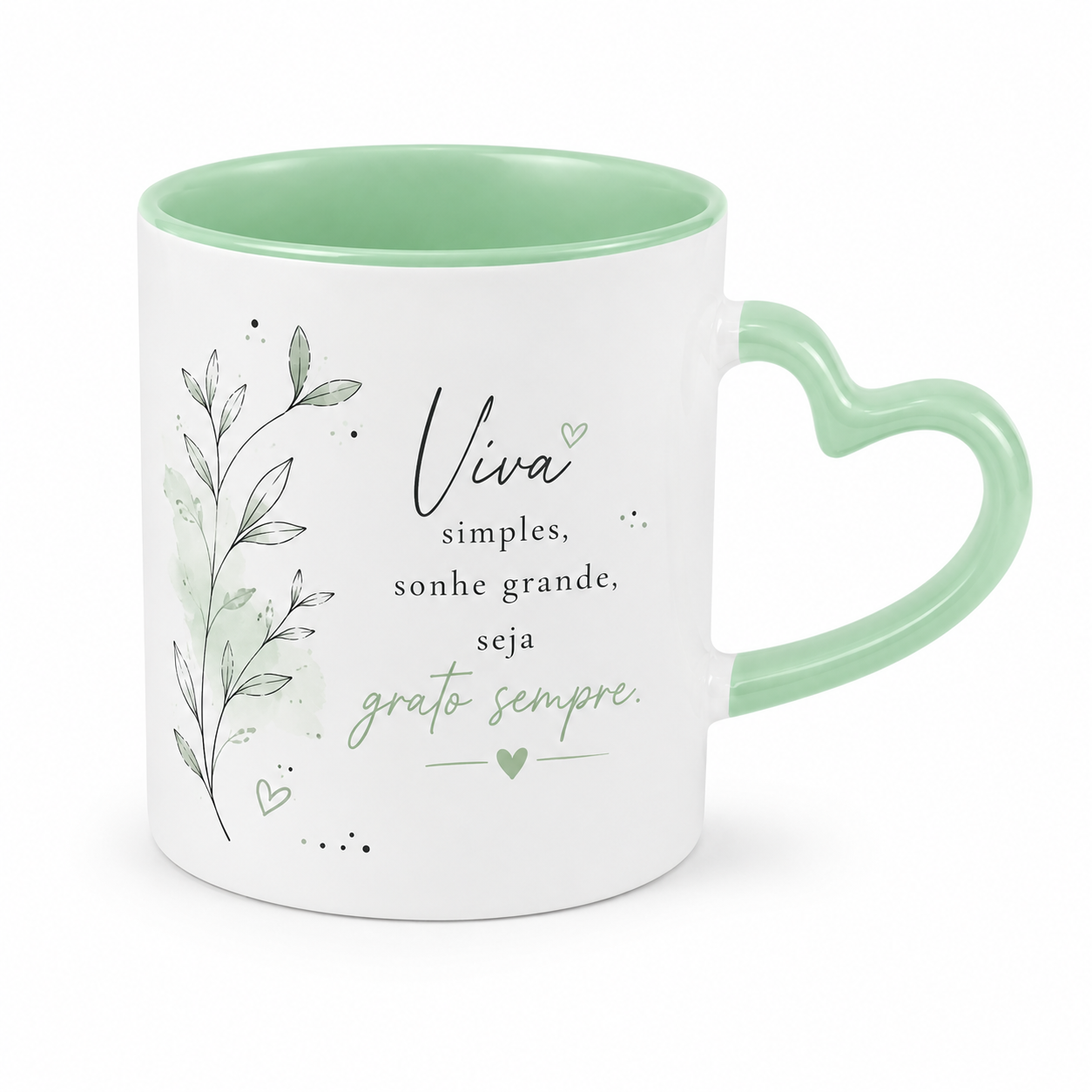 Caneca Alça Coração - Interior e Alça Verde Bebê - 325ml
