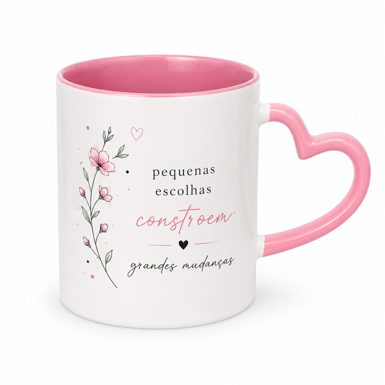 Caneca Alça Coração - Interior e Alça Rosa - 325ml