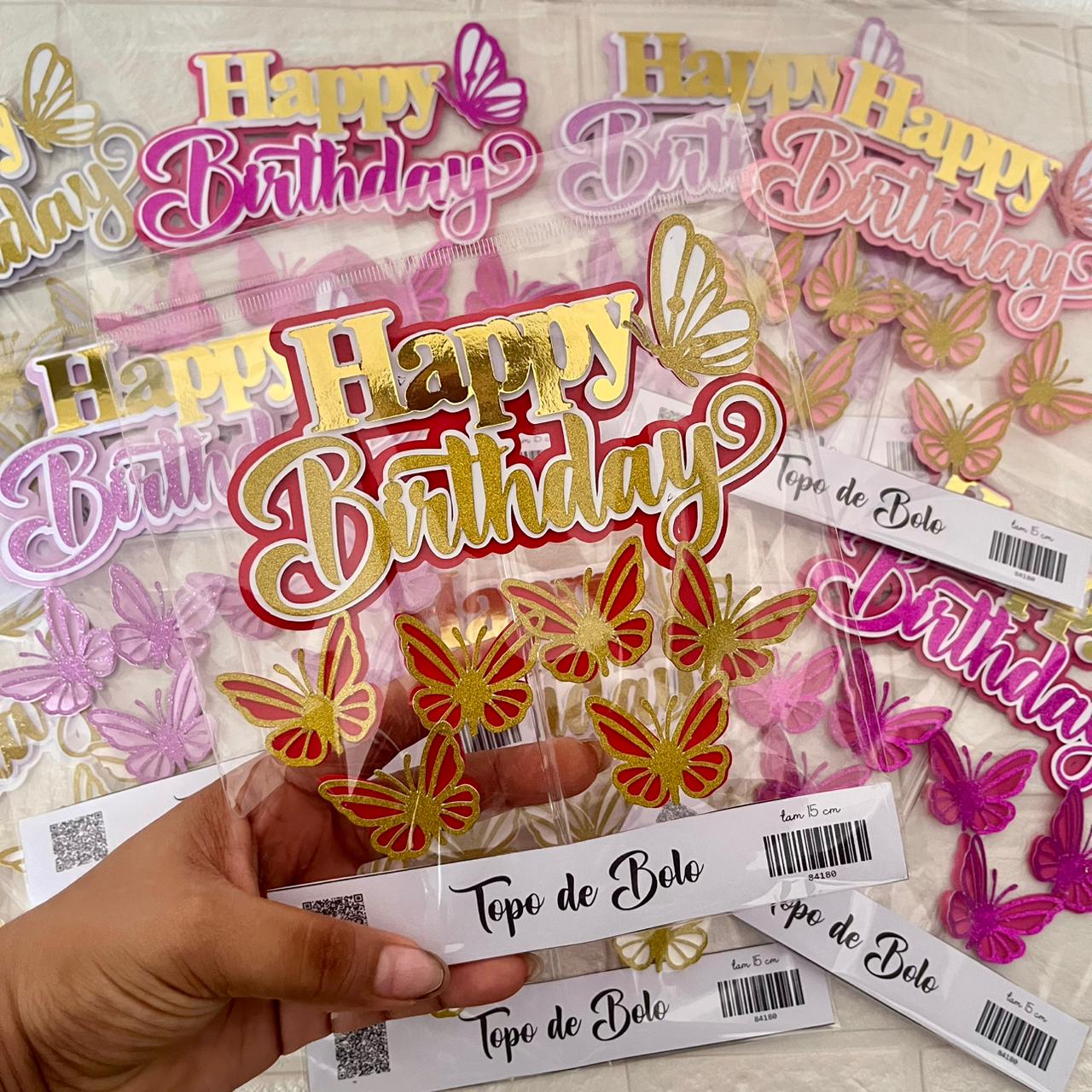 TOPO DE BOLO HAPPY BIRTHDAY BORBOLETA