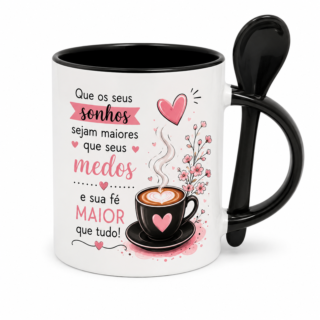 Caneca com colher - Interior e alça Preta - 325 ml