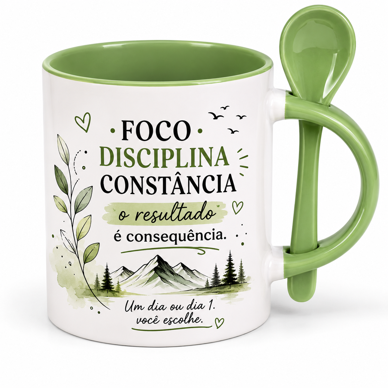 Caneca com colher - Interior e alça Verde Claro- 325 ml