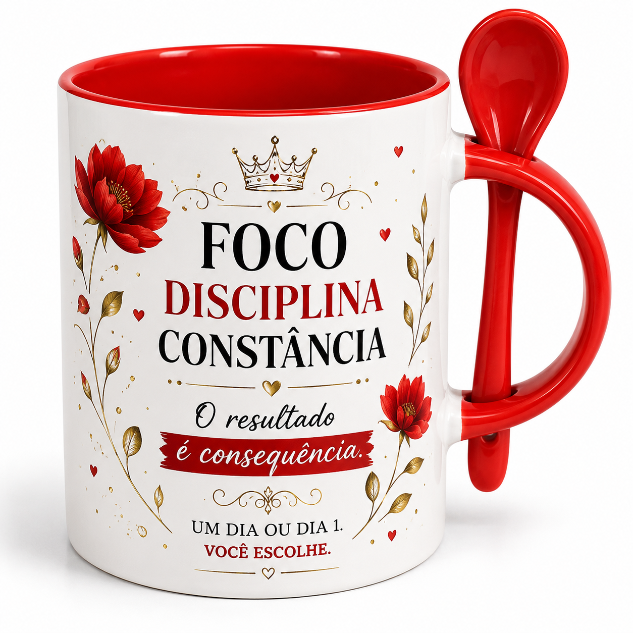Caneca com colher - Interior e alça Vermelha - 325 ml