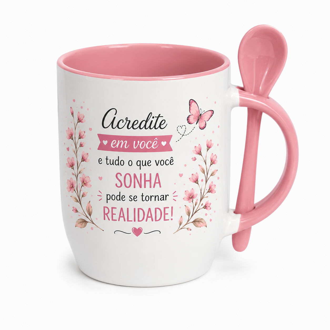 Caneca com colher - Interior e alça Rosa Claro- 325 ml
