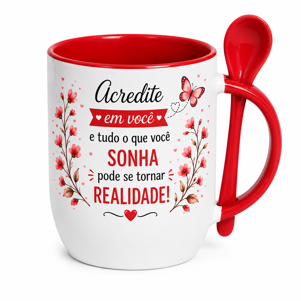Caneca com colher - Interior e alça Vermelha - 325 ml
