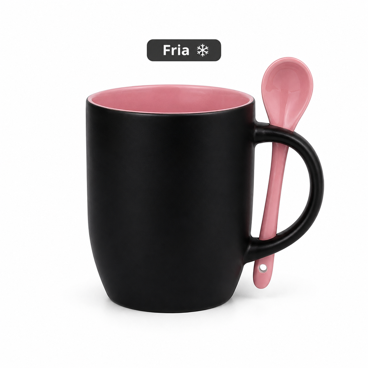 Caneca Mágica Preta Fosca - Interior Rosa - com Colher - 325ml