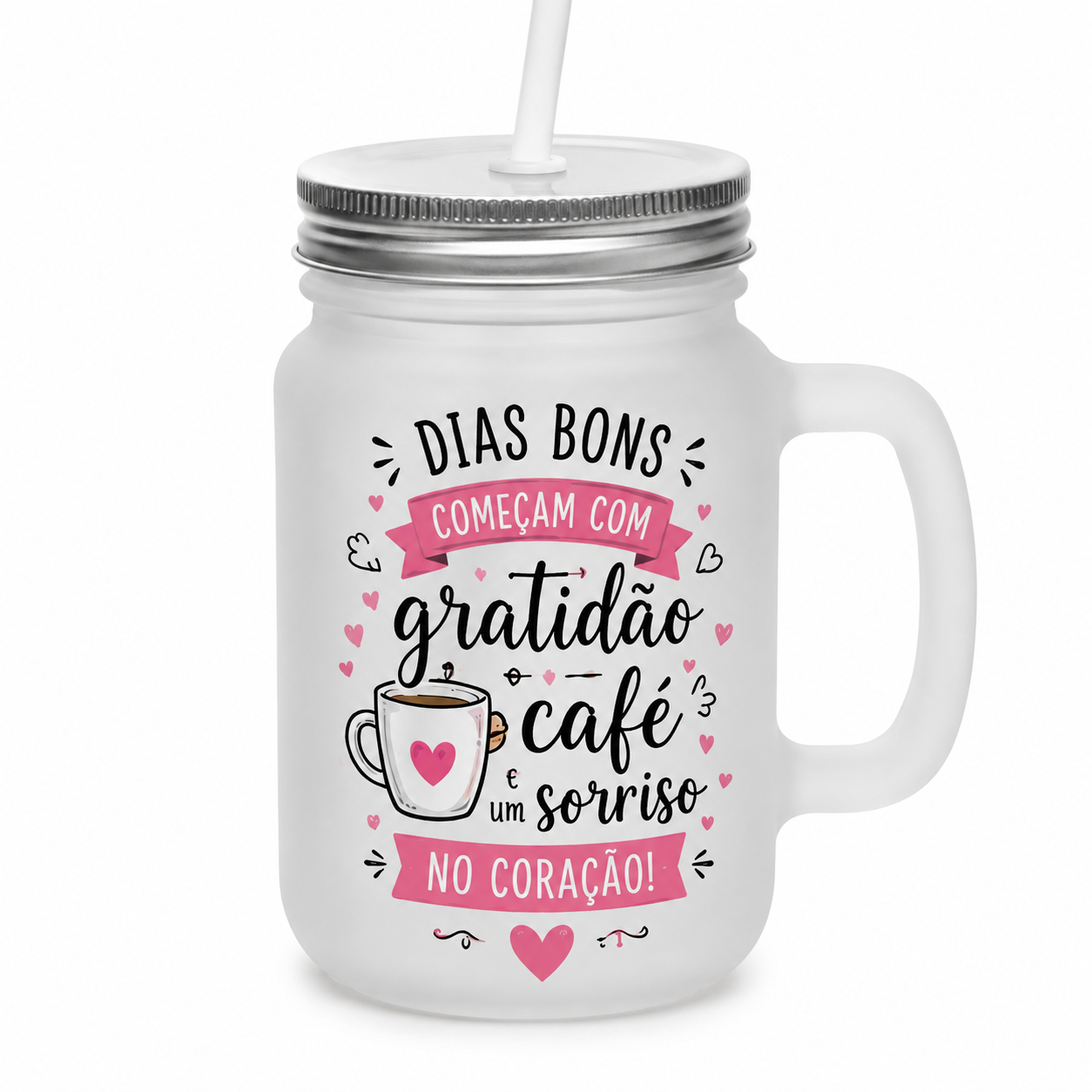 Jarra de Vidro Fosca - 475ml - Mason Jar - Tampa e Canudo