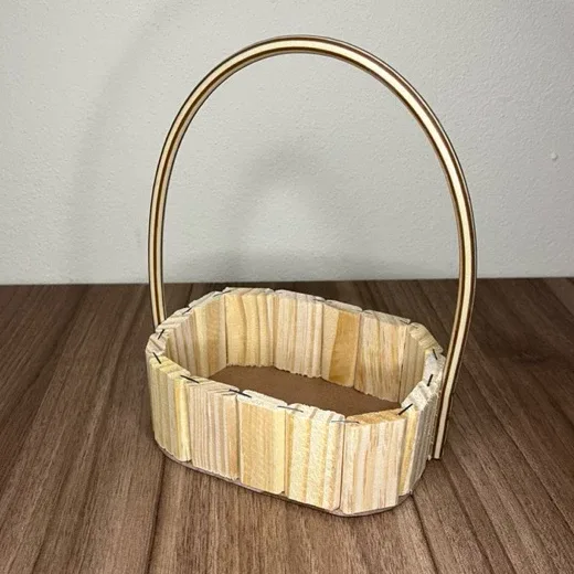 Cestas oval 16cm Fraldeira Madeira Decoração Luxo Alça Dourada