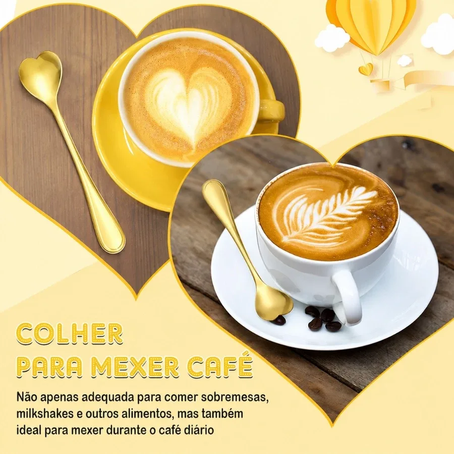 Colheres de Coração Douradas Aço Inox Colher para Café Chá Sobremesa Casamento e Festas