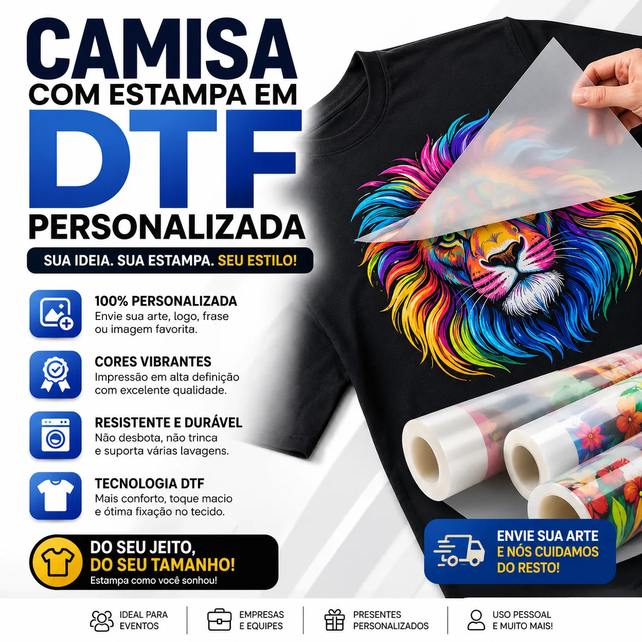Camiseta Personalizada com Estampa DTF | Sua Arte, Logo ou Foto | Impressão HD Alta Qualidade | Camisa Personalizada