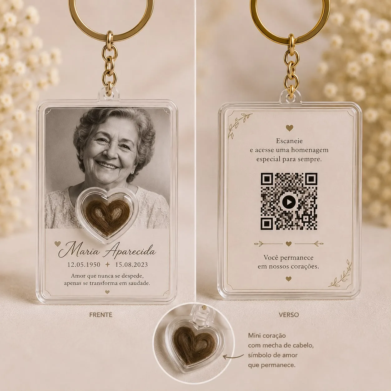Chaveiro Memória Viva – Personalizado com Foto, QR Code e Coração Memorial