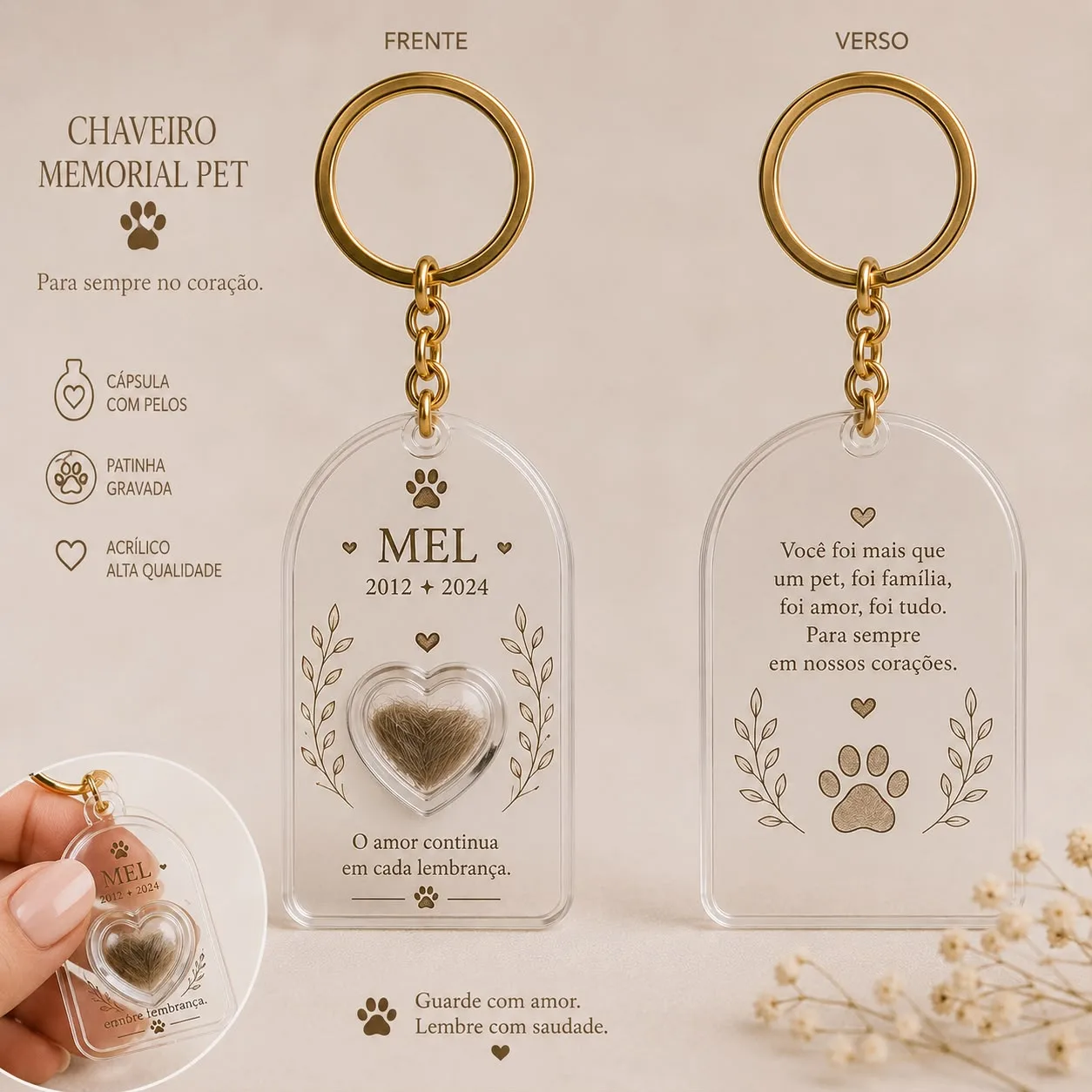 Chaveiro Patas Eternas – Personalizado com Cápsula de Pelos