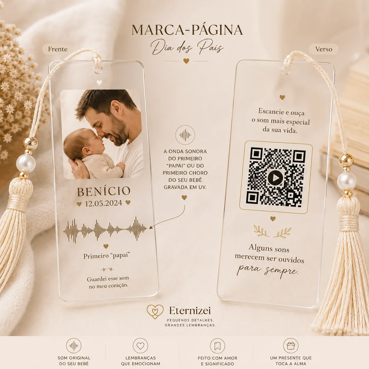 Marca-Página Eco da Memória – Personalizado com Foto, Onda Sonora e QR Code