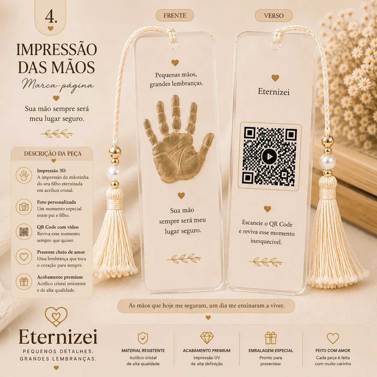Marca-Página Mãos que Abraçam – Personalizado com Impressão da Mão e QR Code