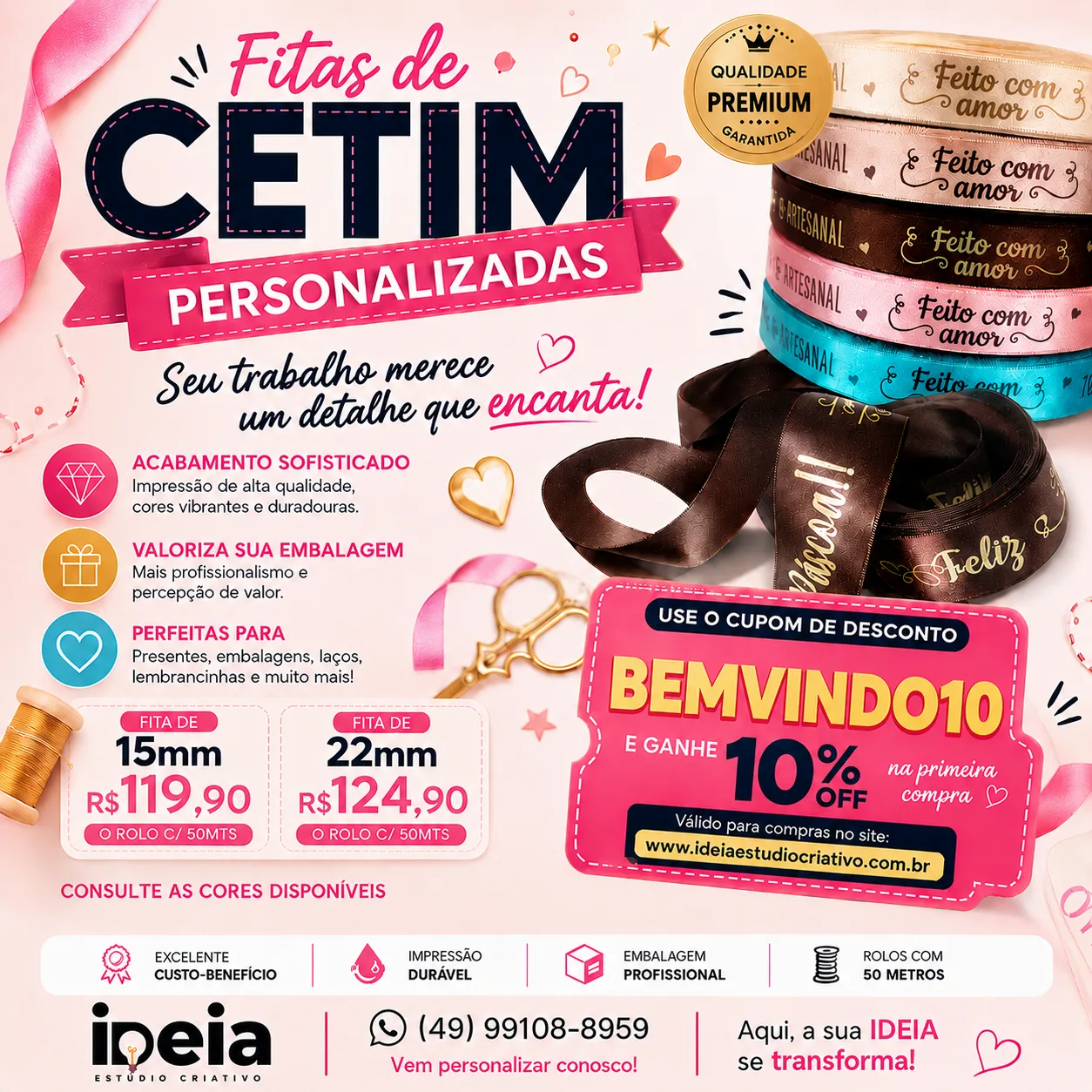 Fita de Cetim Personalizada - Rolo c/ 50mts