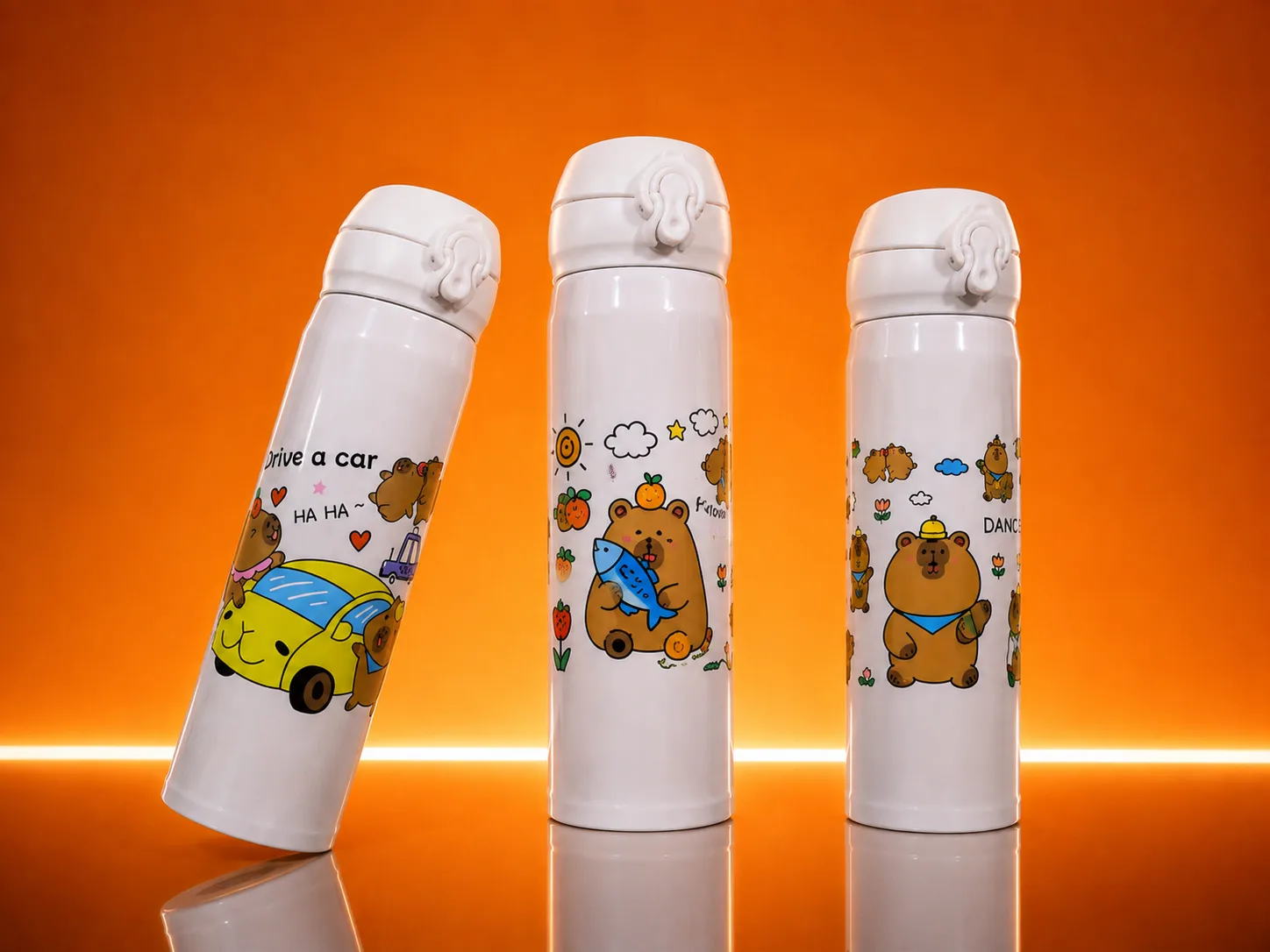 Garrafa Squeeze Térmica Branca Capivara Inox 400ml Com Tampa E Sistema de Trava