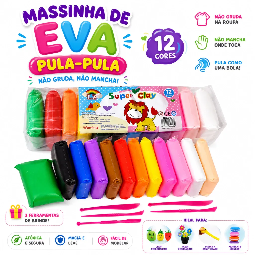 12 Massinhas Argila Pula Pula de E.V.A Super Leve + 3 Ferramentas Brinde Toy King