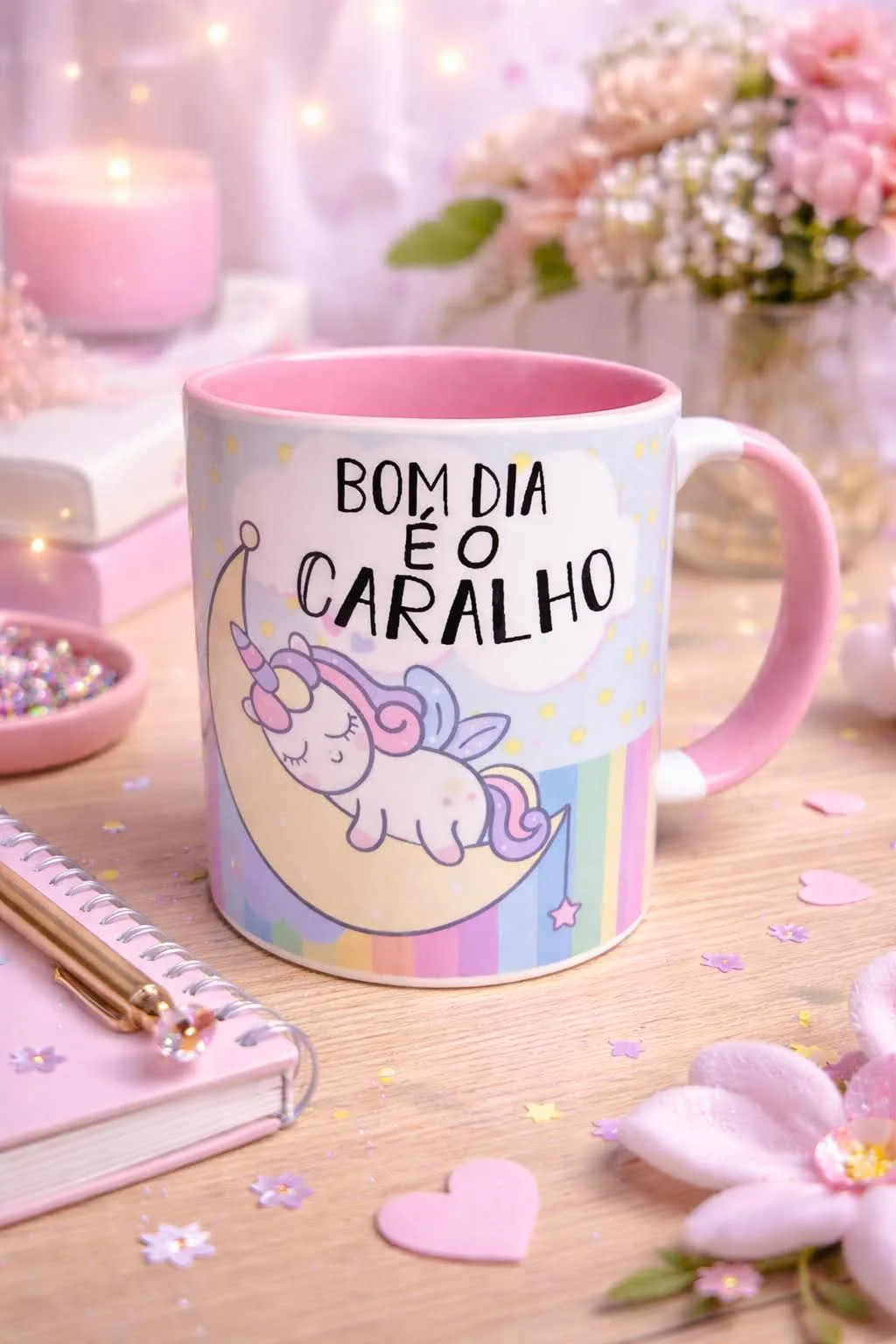 ☕ Caneca 325ml — Alça Rosa e Fundo Rosa - Personalizada