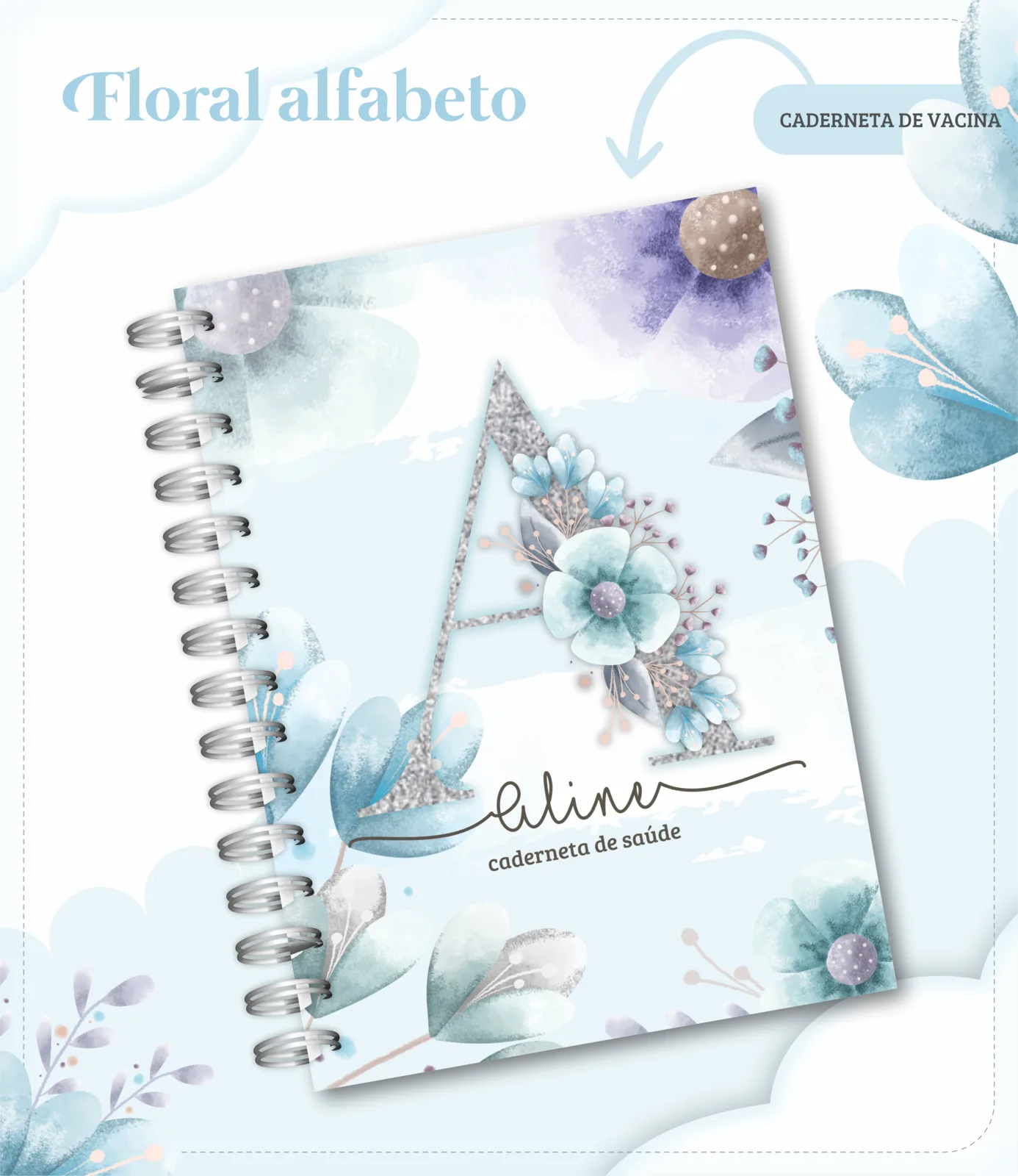 Caderneta de vacina - Alfabeto floral azul