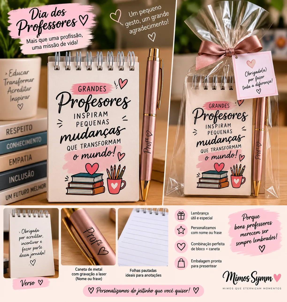 Kit Professor Incrível – Bloquinho Personalizado + Caneta de Metal Gravada 🍎🖊️