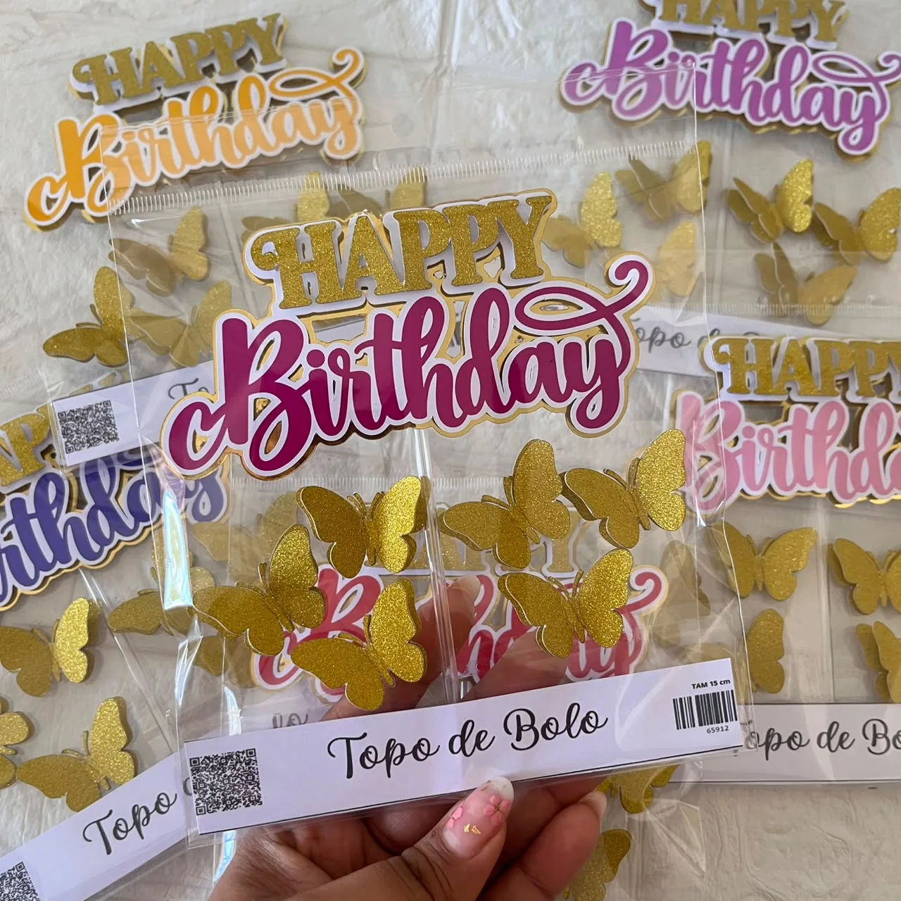 TOPO DE BOLO HAPPY BIRTHDAY BORBOLETAS GLITTER