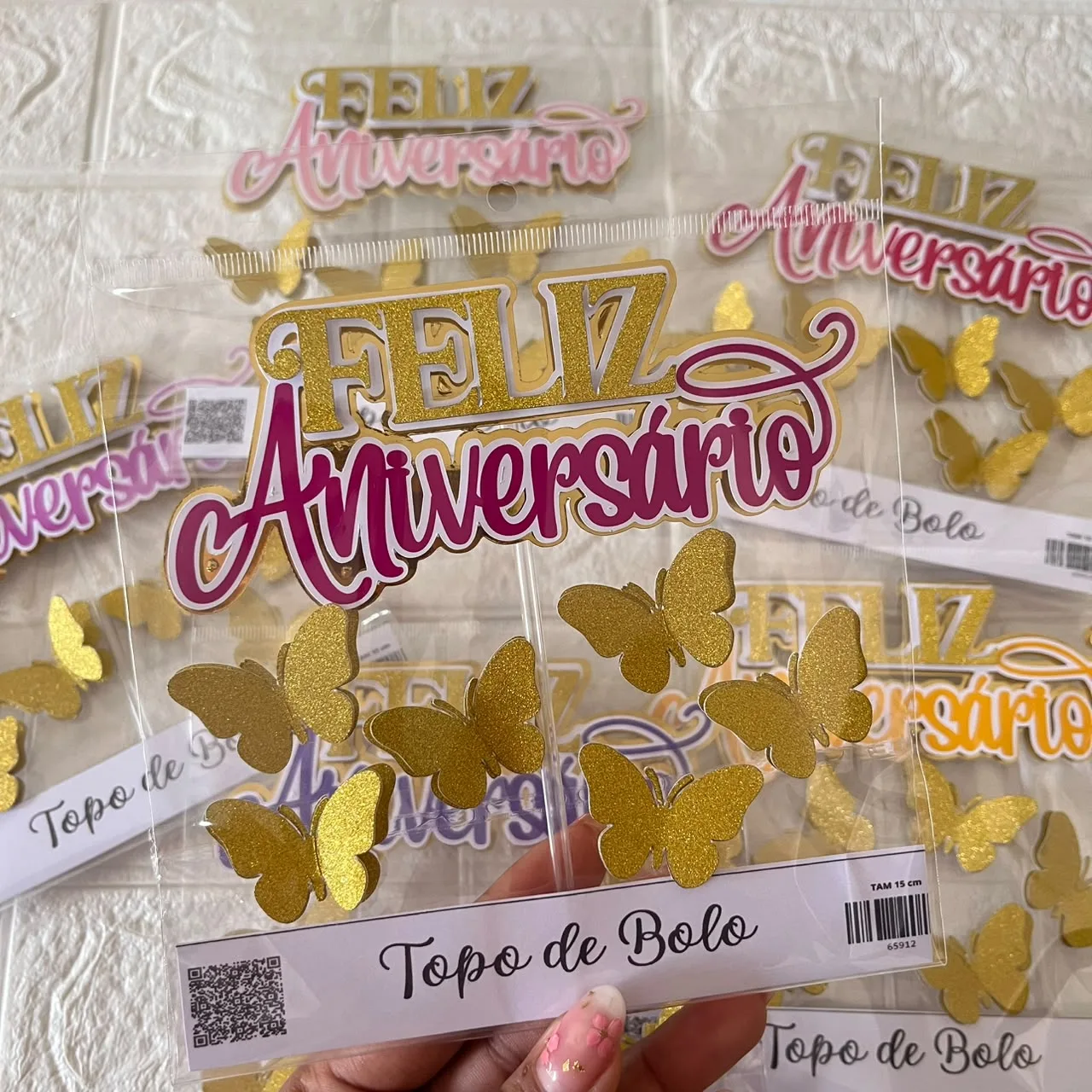 TOPO DE BOLO FELIZ ANIVERSÁRIO BORBOLETAS GLITTER