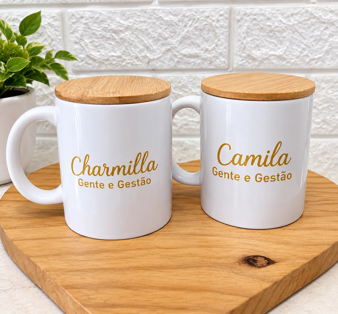 Caneca Pocelana com Tampa de Bambu